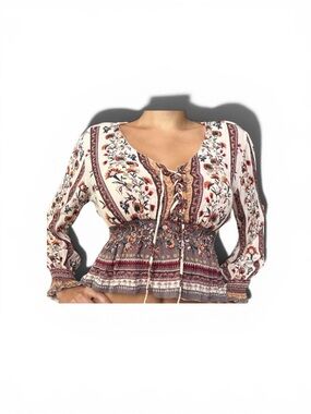 Angie Cream Floral Rayon Dress with Rust & Sage Accents